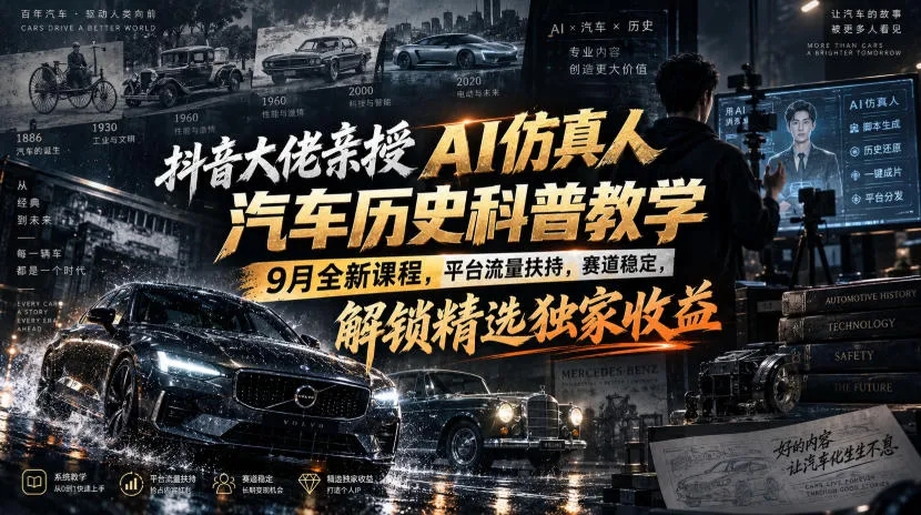 抖音大佬亲授AI仿真人汽车历史科普教学,9月全新课程,平台流量扶持,赛道稳定,解锁精选独家收益-33资源网