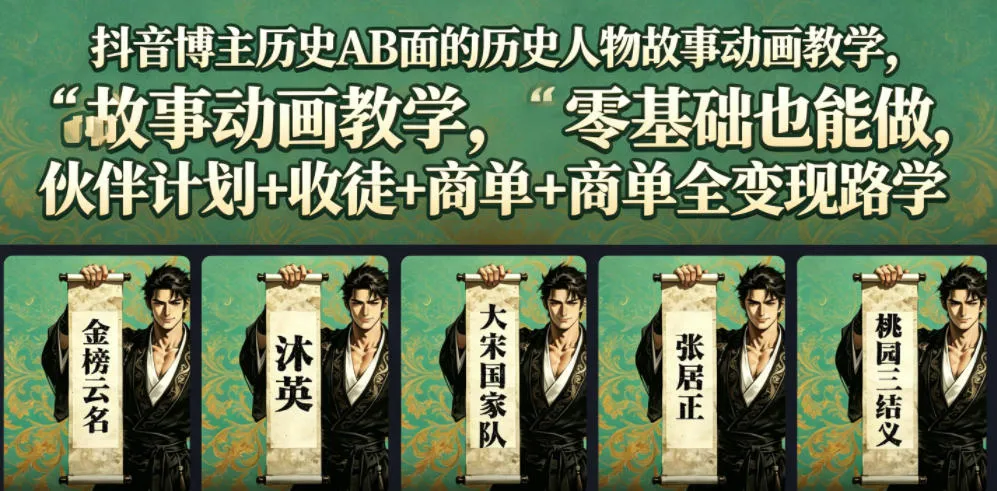 抖音博主历史AB面的历史人物故事动画教学,零基础也能做,伙伴计划+收徒+商单全变现路径教学-33资源网