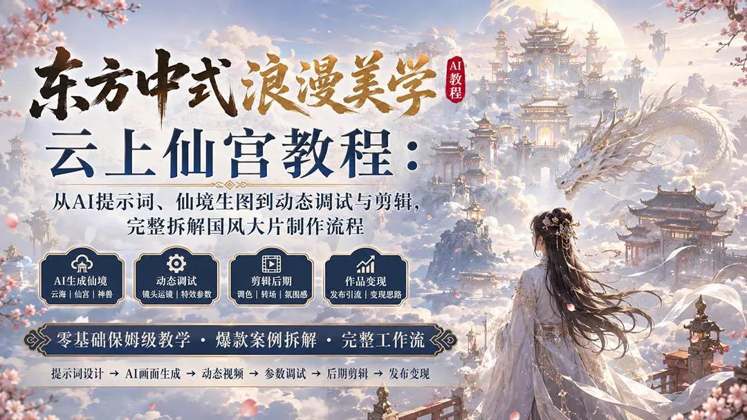 （20147期）东方中式浪漫美学云上仙宫教程：从AI提示词、仙境生图到动态调试与剪辑，完整拆解国风大片制作流程-33资源网