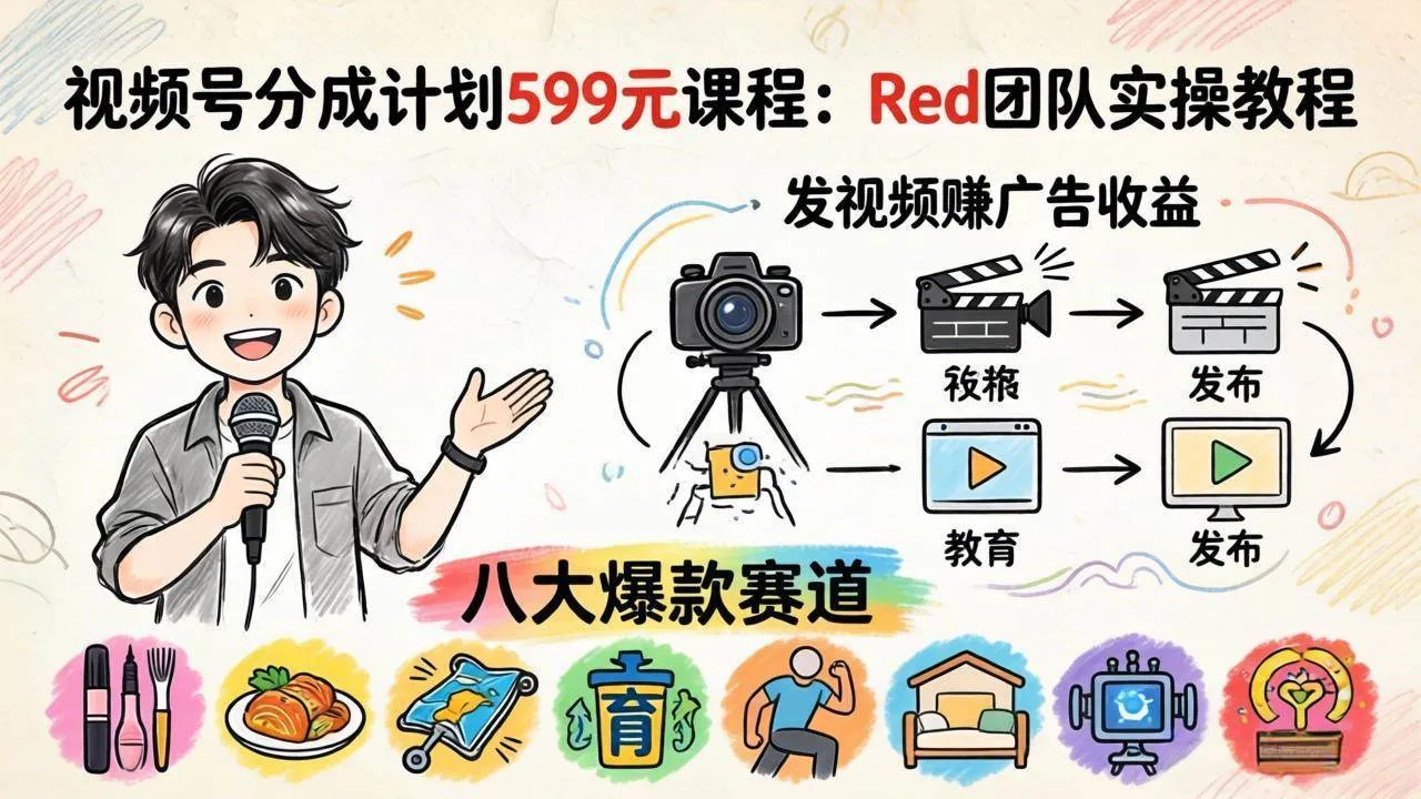 （18088期）视频号分成计划599元课程：Red团队实操教程，发视频赚广告收益，八大爆款赛道全掌握-33资源网