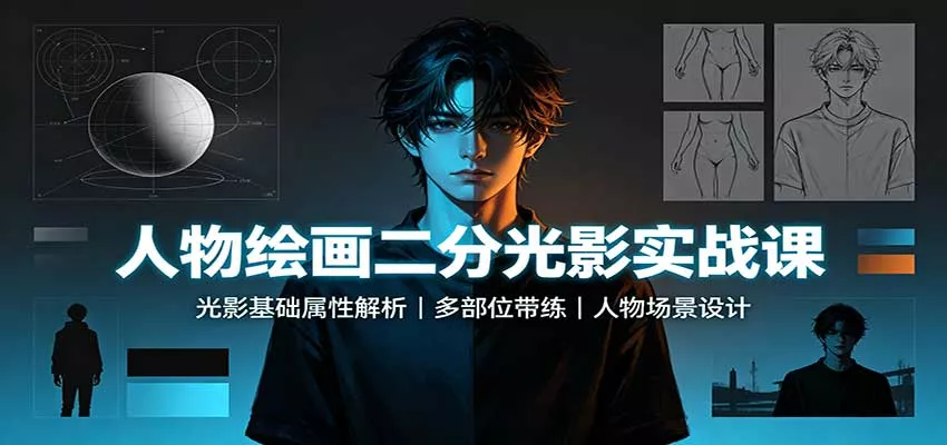 人物绘画二分光影实战课：光影基础属性解析，多部位带练，人物场景设计-33资源网