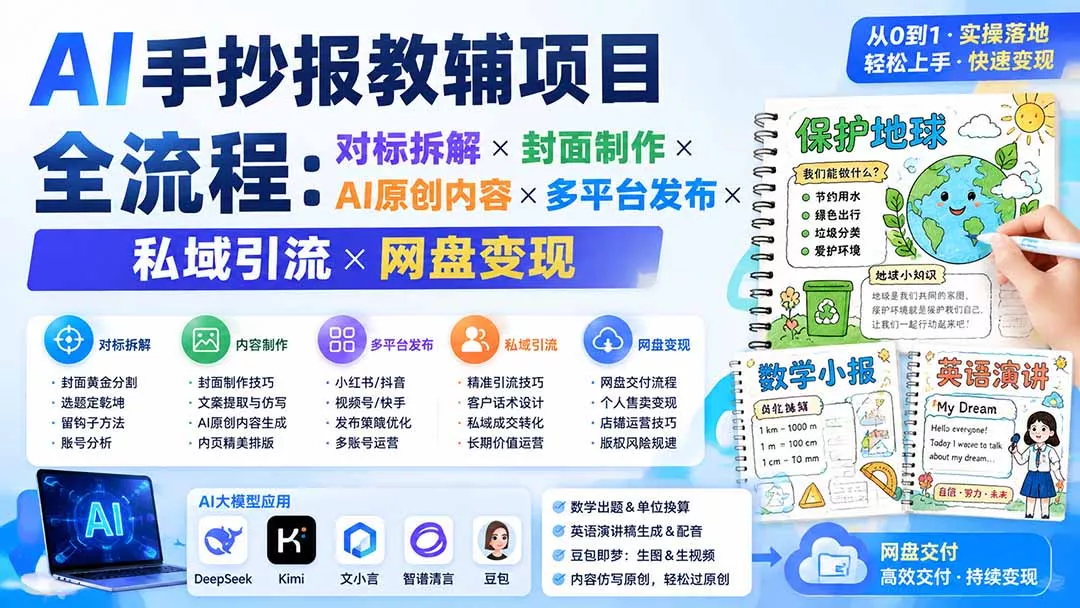 AI手抄报教辅项目全流程：对标拆解×封面制作×AI原创内容×多平台发布×私域引流×网盘变现-33资源网