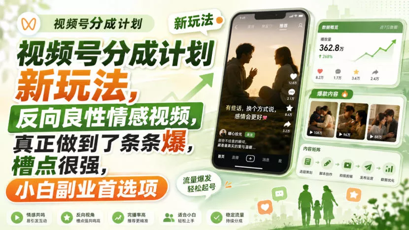 视频号分成计划新玩法,反向良性情感视频,真正做到了条条爆,槽点很强,小白副业首选项-33资源网