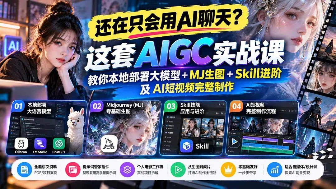 (21135期)【无水印】还在只会用AI聊天?这套AIGC实战课教你本地部署大模型+MJ生图+Skill进阶及AI短视频完整制作-33资源网