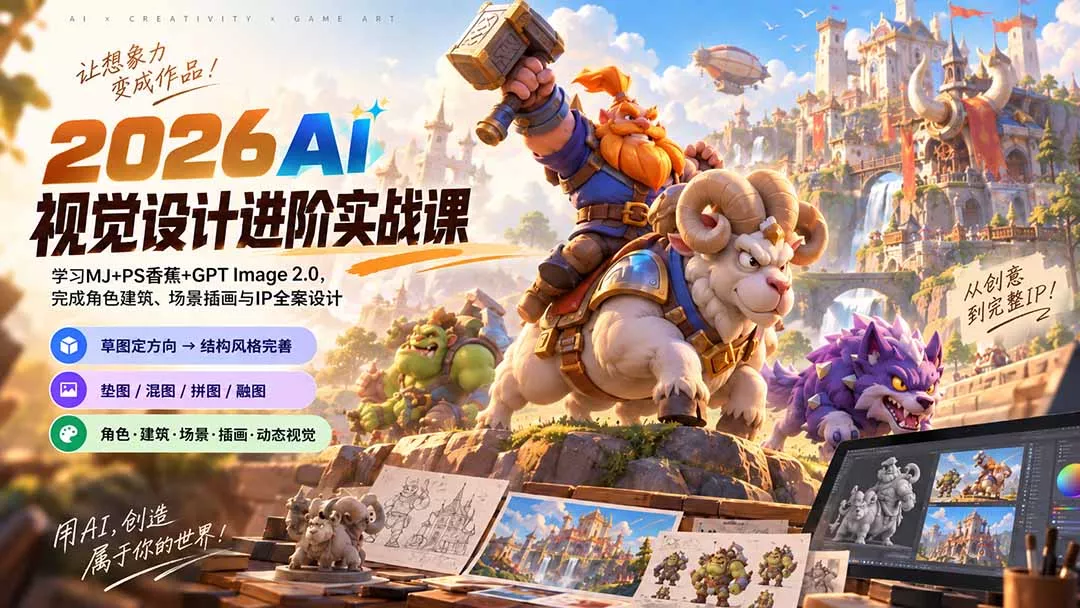 2026AI视觉设计进阶实战课-更新1007:学习MJ+PS香蕉+GPT Image 2.0,完成角色建筑、场景插画与IP全案设计-33资源网