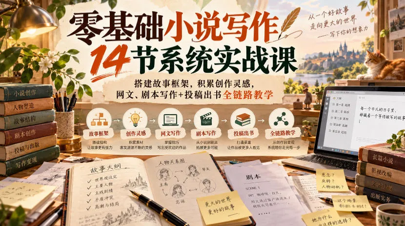 零基础小说写作14节系统实战课,搭建故事框架,积累创作灵感,网文、剧本写作+投稿出书全链路教学-33资源网