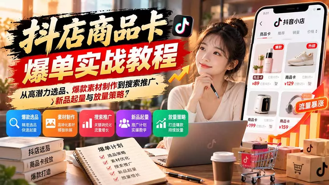 抖店商品卡爆单实战教程:从高潜力选品、爆款素材制作到搜索推广、新品起量与放量策略-33资源网