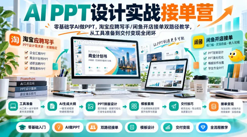 AI PPT设计实战接单营|零基础学AI做PPT,淘宝应聘写手/闲鱼开店接单双路径教学,从工具准备到交付变现全闭环-33资源网