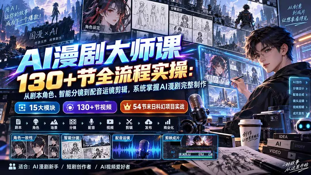 AI漫剧大师课130+节全流程实操：从剧本角色、智能分镜到配音运镜剪辑，系统掌握AI漫剧完整制作-33资源网