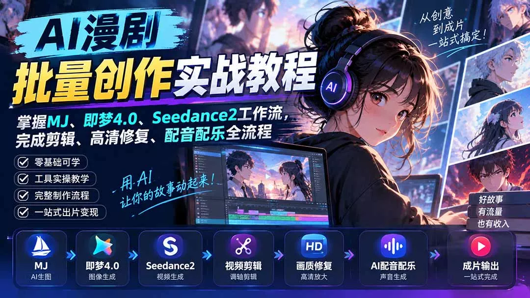 AI漫剧批量创作实战教程:掌握MJ、即梦4.0、Seedance2工作流,完成剪辑、高清修复、配音配乐全流程-33资源网