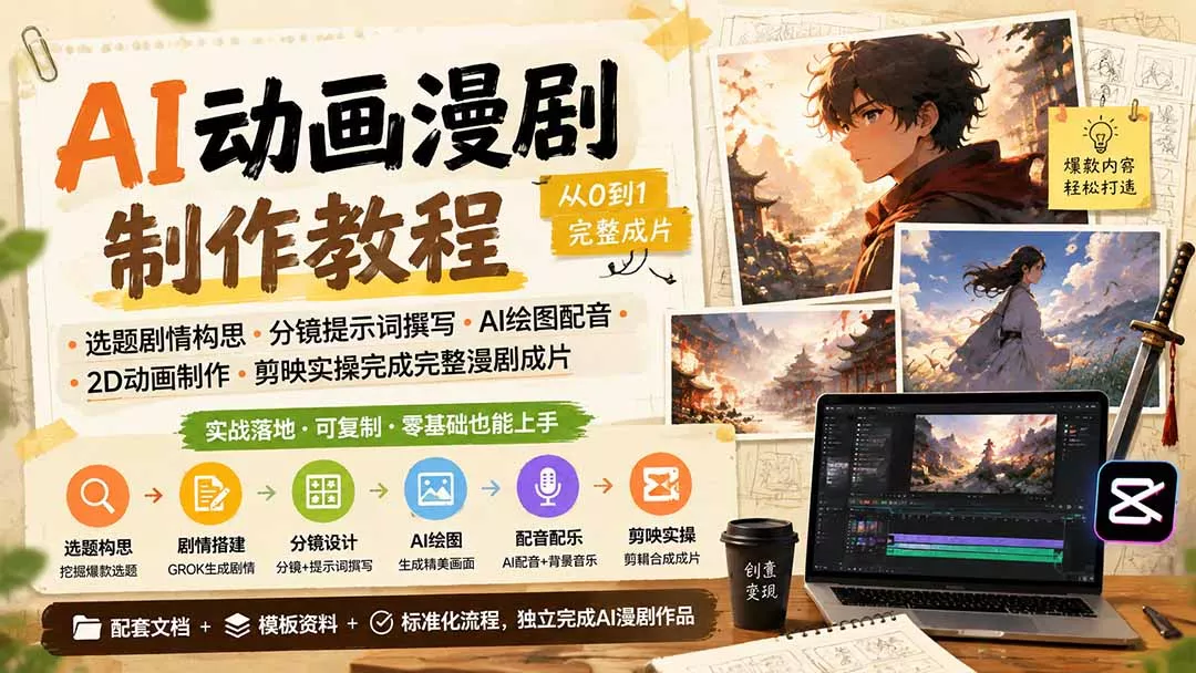 AI动画漫剧制作教程｜选题剧情构思·分镜提示词撰写·AI绘图配音·2D动画制作·剪映实操完成完整漫剧成片-33资源网