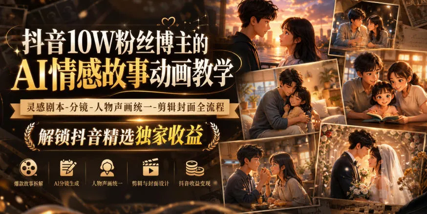 抖音10W粉丝博主的AI情感故事动画教学,灵感剧本‑分镜‑人物声画统一‑剪辑封面全流程,解锁抖音精选独家收益-33资源网