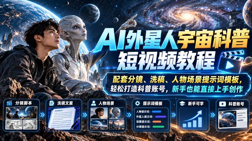 AI外星人宇宙科普短视频教程,配套分镜、洗稿、人物场景提示词模板,轻松打造科普账号,新手也能直接上手创作-33资源网