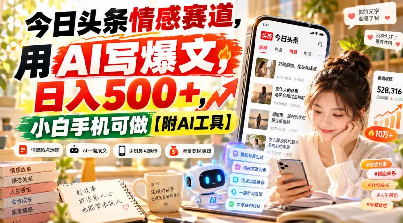 今日头条情感赛道,用AI写爆文,日入500+,小白手机可做【附AI工具】-33资源网
