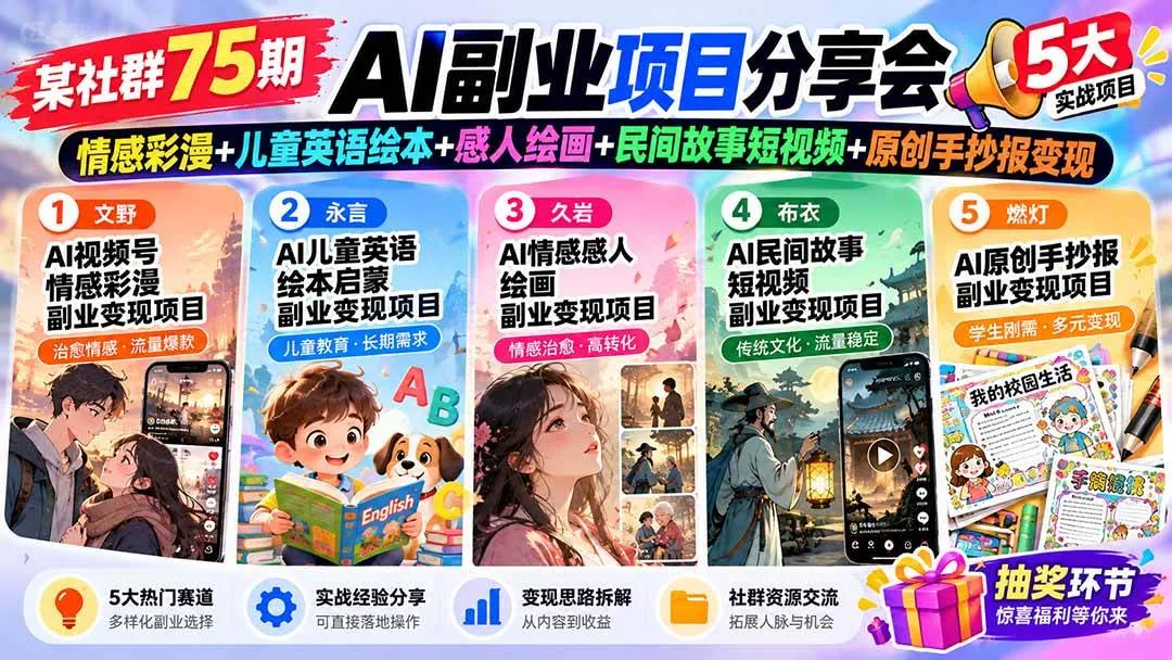 (20874期)某社群75期AI副业项目分享会:情感彩漫+儿童英语绘本+感人绘画+民间故事短视频+原创手抄报变现-33资源网