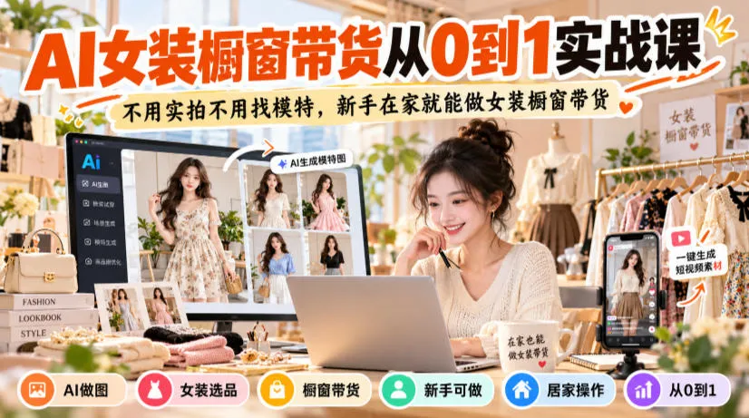 AI女装橱窗带货从0到1实战课,不用实拍不用找模特,新手在家就能做女装橱窗带货-33资源网