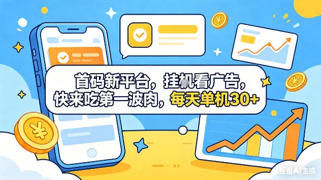 首码新平台，挂G自动看广告，快来吃第一波肉，每天单机30+，可矩阵放大【揭秘】-33资源网