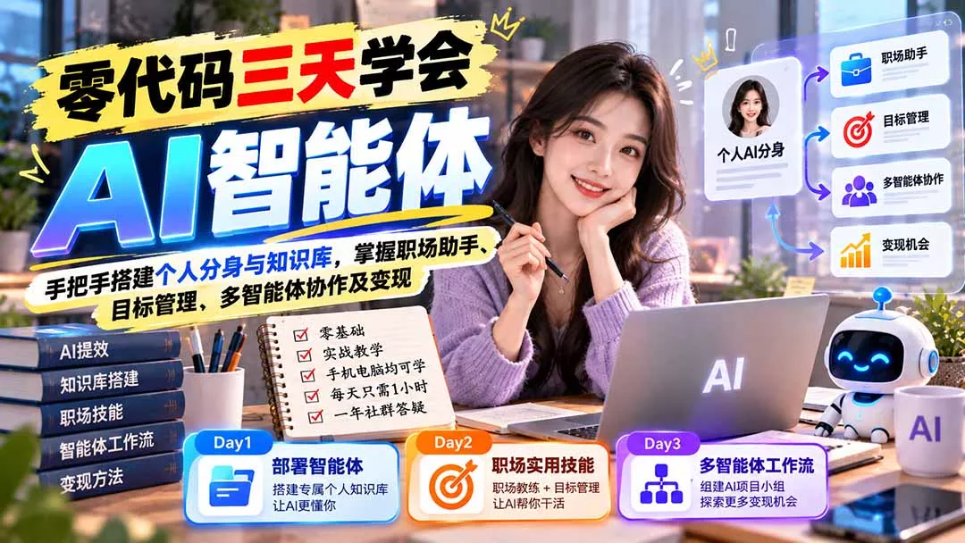 【无水印】零代码三天学会AI智能体：手把手搭建个人分身与知识库，掌握职场助手、目标管理、多智能体协作及变现-33资源网