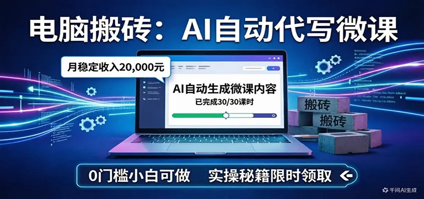 电脑搬砖AI自动代写微课，月稳定2W，0门槛小白可做，实操秘籍-33资源网