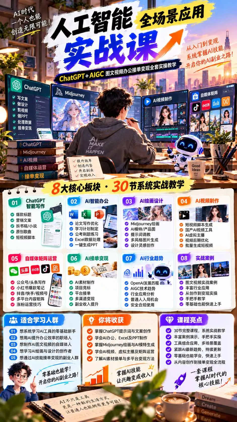 一个人掌握AI写作设计剪辑全套技能:从ChatGPT办公、AI绘画到虚拟主播、自媒体运营及接单变现-33资源网