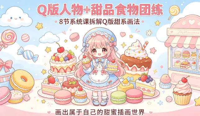 Q版人物+甜品食物团练，8节系统课拆解Q版甜系画法，画出属于自己的甜蜜插画世界-33资源网