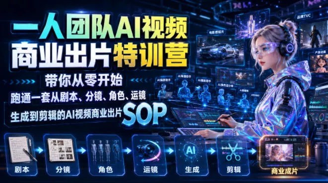 一人团队AI视频商业出片实战课:带你从零开始跑通一套从剧本、分镜、角色、运镜、生成到剪辑的AI视频商业出片SOP-33资源网