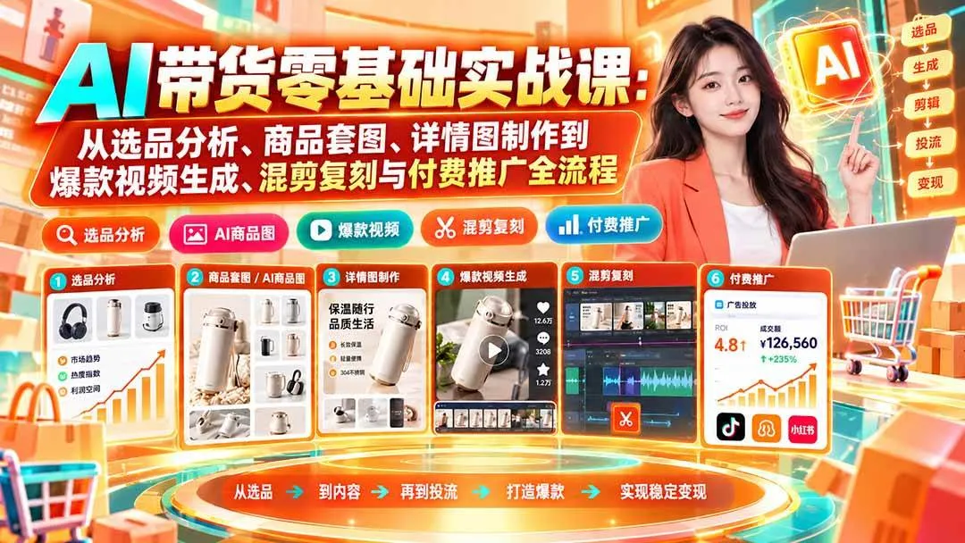 (20856期)AI带货零基础实战课:从选品分析、商品套图、详情图制作到爆款视频生成、混剪复刻与付费推广全流程-33资源网