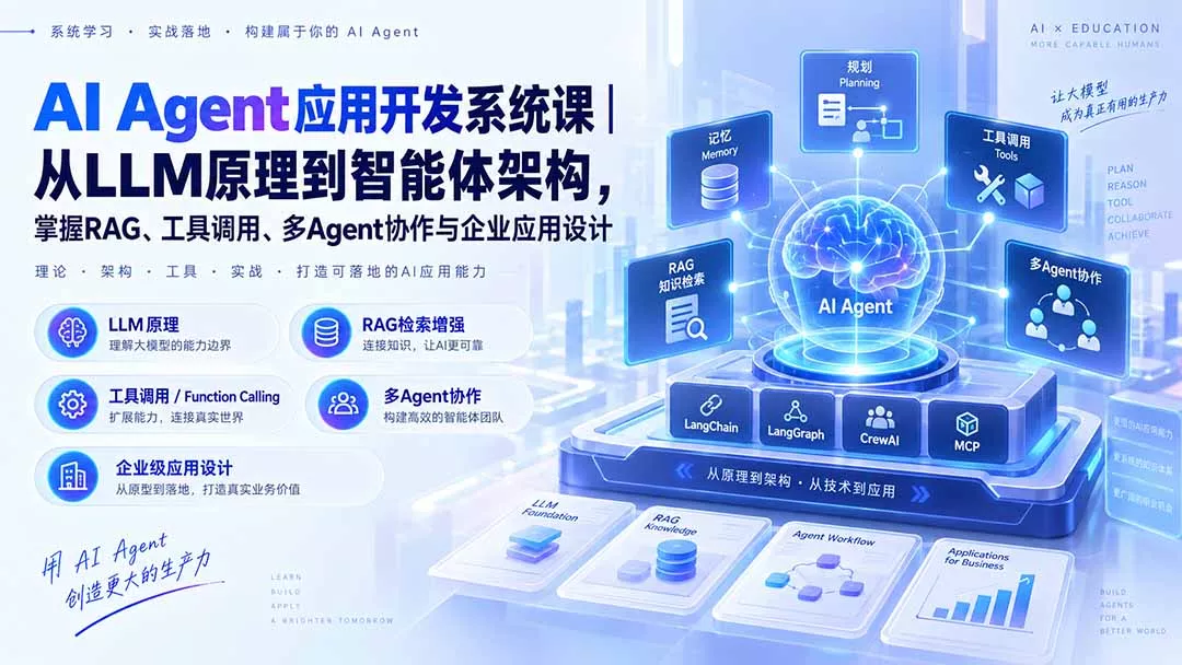 AI Agent应用开发系统课-179节｜从LLM原理到智能体架构，掌握RAG、工具调用、多Agent协作与企业应用设计-33资源网