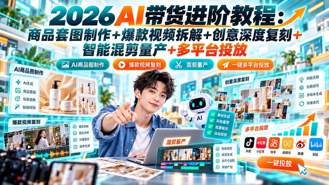 2026AI带货进阶教程:商品套图制作+爆款视频拆解+创意深度复刻+智能混剪量产+多平台投放-33资源网