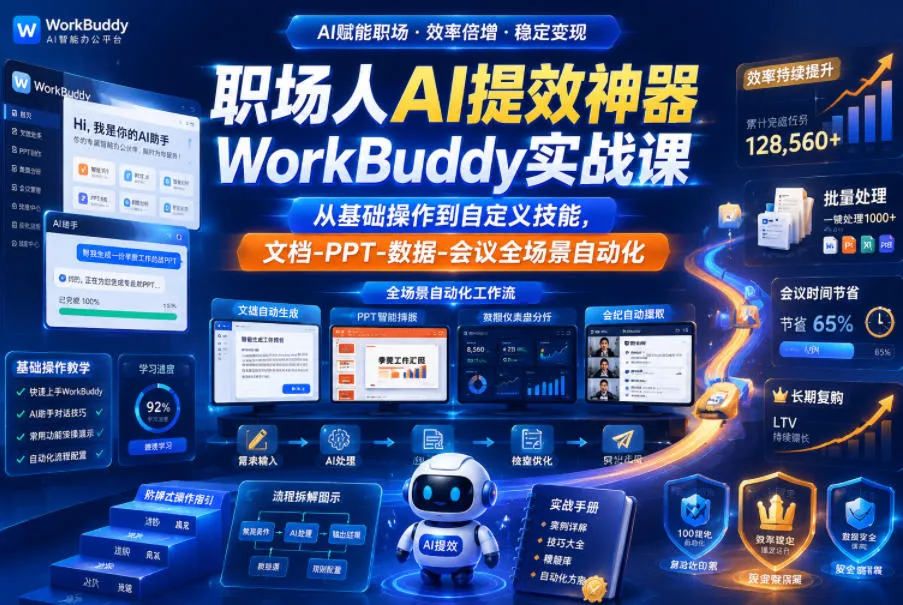 职场人AI提效神器WorkBuddy实战课，从基础操作到自定义技能，文档-PPT-数据-会议全场景自动化-33资源网