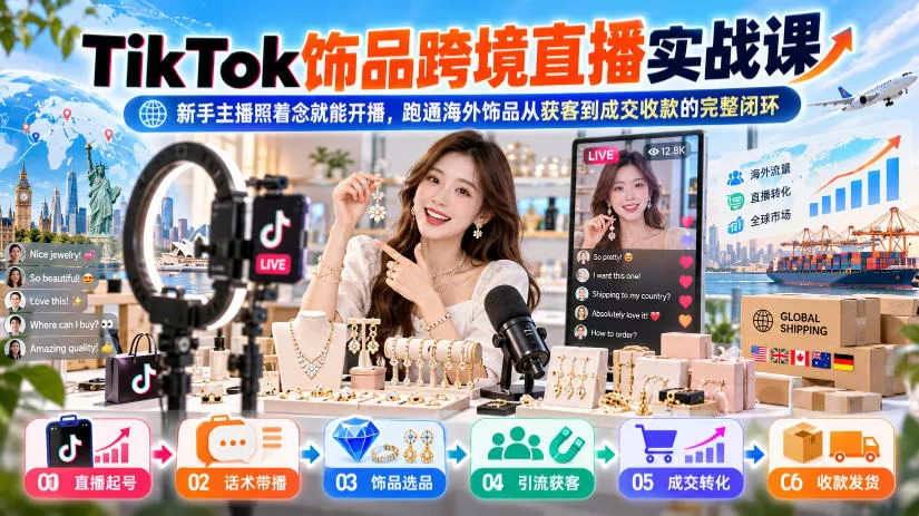 TikTok饰品跨境直播实战课,新手主播照着念就能开播,跑通海外饰品从获客到成交收款的完整闭环-33资源网