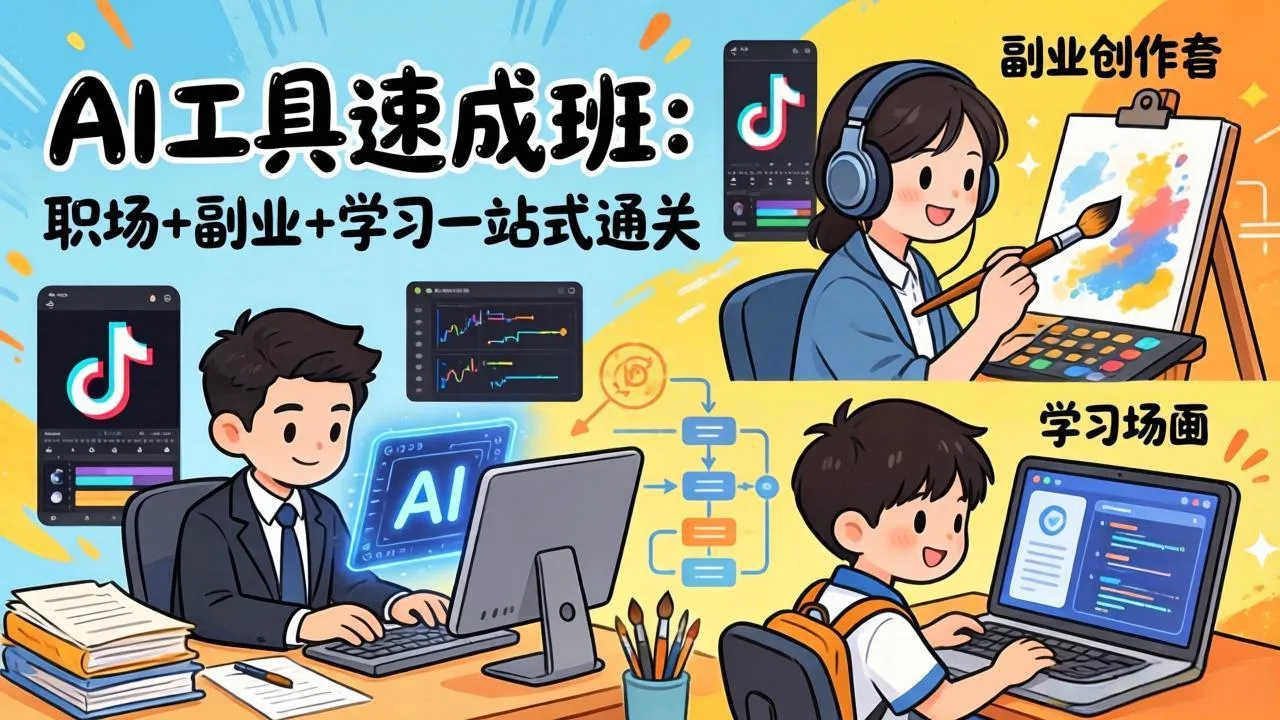 AI工具速成班：职场+副业+学习一站式通关，20+爆款类型+剪映技巧+抖音算法，0基础快速上手-33资源网