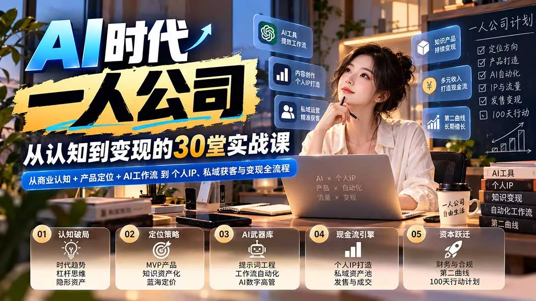 【无水印】AI时代一人公司30堂实战课：从商业认知+产品定位+AI工作流到个人IP、私域获客与变现全流程-33资源网