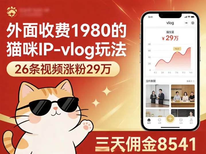 外面收费1980的猫咪IP-vlog玩法，26条视频涨粉29W，三天佣金8541-33资源网
