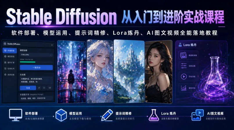 Stable Diffusion从入门到进阶实战课程|软件部署、模型运用、提示词精修、Lora炼丹、AI图文视频全能落地教程-33资源网