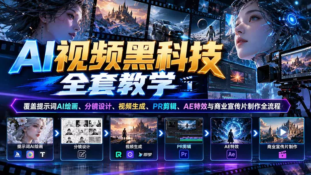 AI视频黑科技全套教学:覆盖提示词AI绘画、分镜设计、视频生成、PR剪辑、AE特效与商业宣传片制作全流程-33资源网