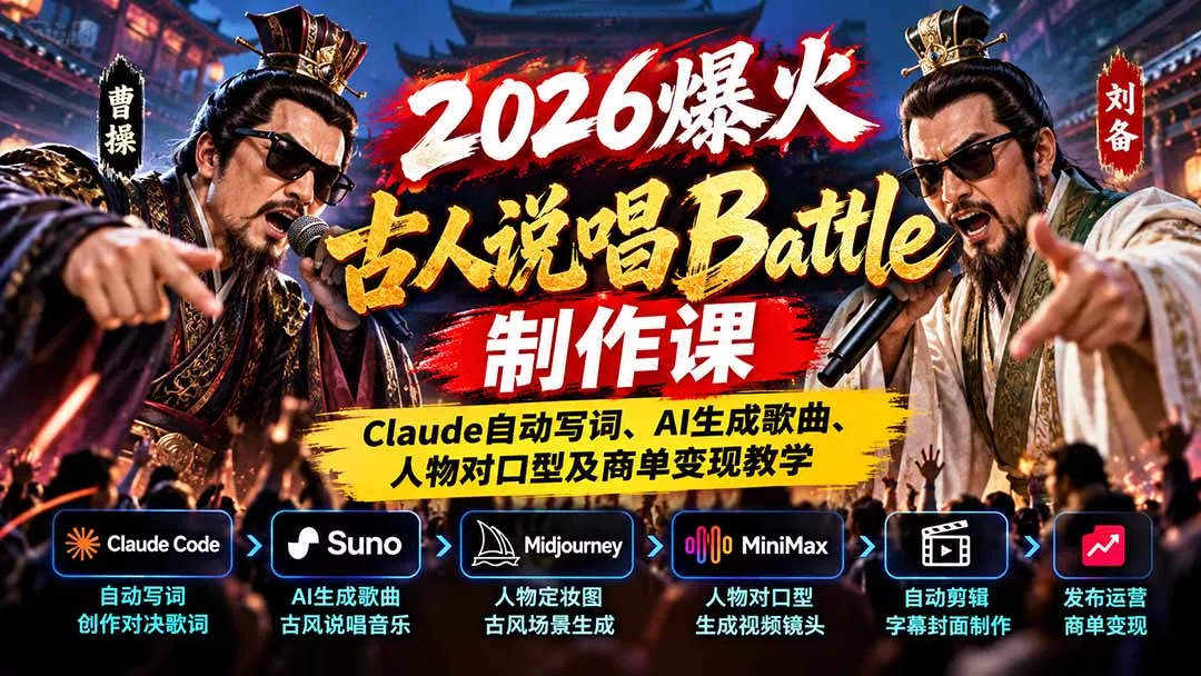 2026爆火古人说唱Battle制作课:Claude自动写词、AI生成歌曲、人物对口型及商单变现教学-33资源网
