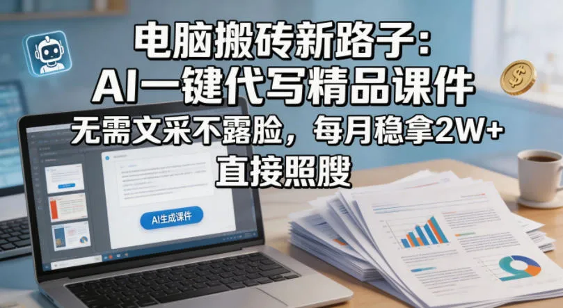 电脑搬砖新路子：AI一键代写精品课件，无需文采不露脸，每月稳拿2W+，直接照搬-33资源网
