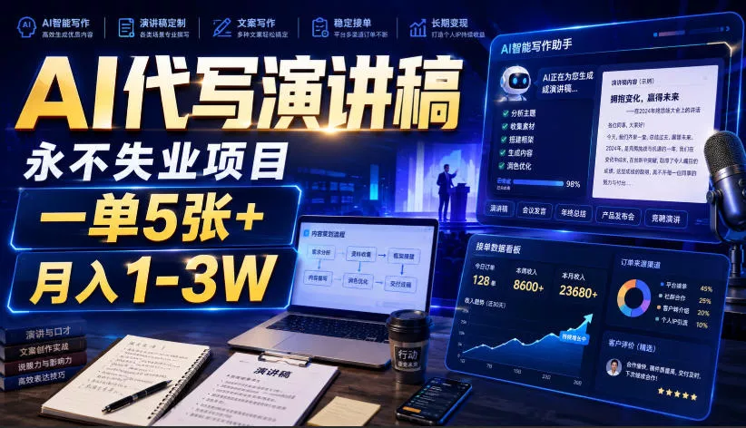 AI代写演讲稿,永不失业项目,一单5张+,月入1-3W【揭秘】-33资源网