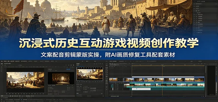 沉浸式历史互动游戏视频创作教学:文案配音剪辑蒙版实操,附AI画质修复工具配套素材-33资源网