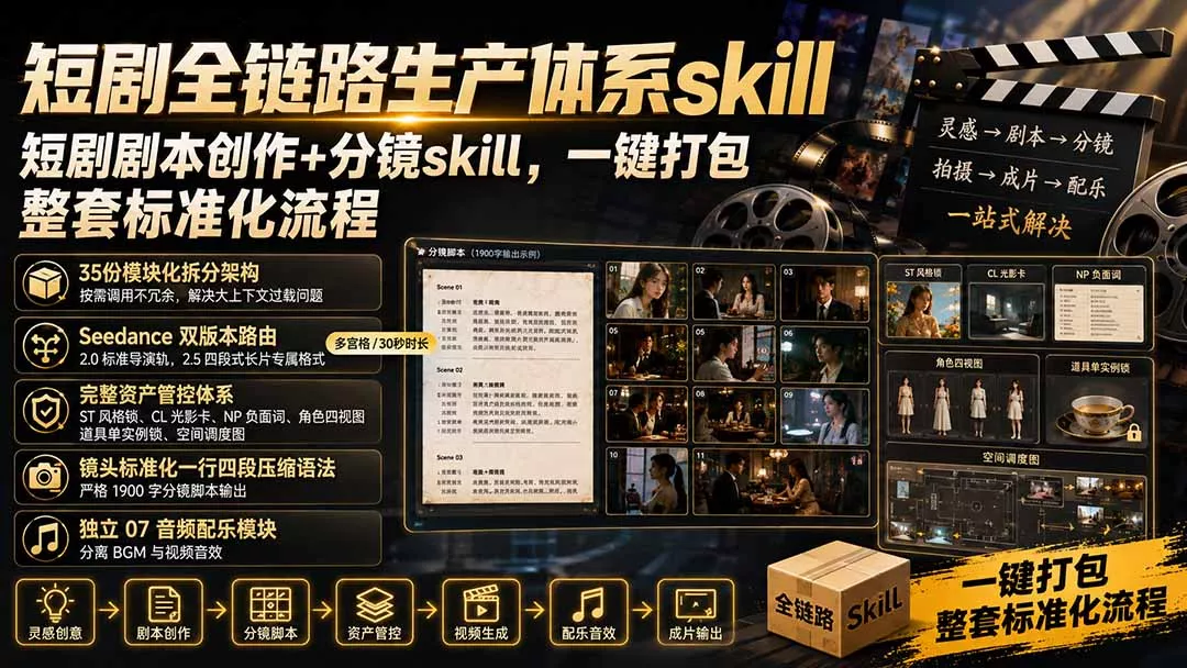 短剧全链路生产体系skill，短剧剧本创作+分镜skill，一键打包，整套标准化流程-33资源网