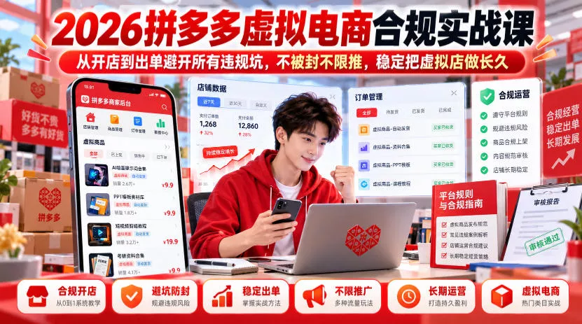 2026拼多多虚拟电商合规实战课,从开店到出单避开所有违规坑,不被封不限推,稳定把虚拟店做长久-33资源网