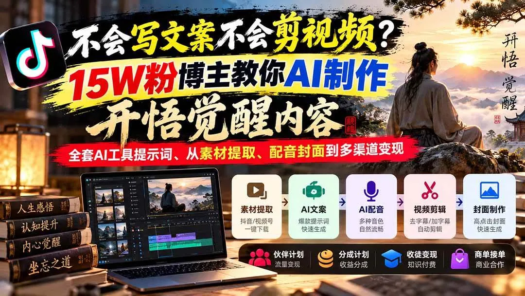 (21085期)不会写文案不会剪视频?15W粉博主教你AI制作开悟觉醒内容,全套AI工具提示词、从素材提取、配音封面到多渠道变现-33资源网