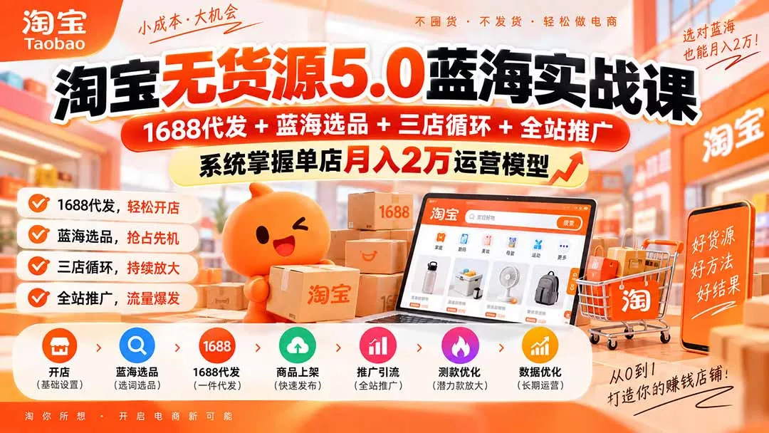 淘宝无货源5.0蓝海实战课-更新:1688代发+蓝海选品+三店循环+全站推广,系统掌握单店月入2万运营模型-33资源网