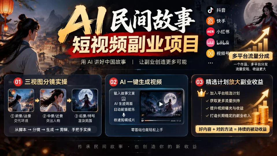 AI民间故事短视频副业项目,多平台流量分成,三视图分镜实操,精选计划放大副业收益-33资源网