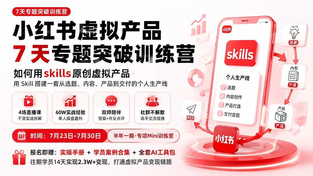 （19817期）小红书虚拟产品7天专题突破训练营，如何用skills原创虚拟产品，用Skil搭建一套从选题、内容、产品到交付的个人生产线-33资源网