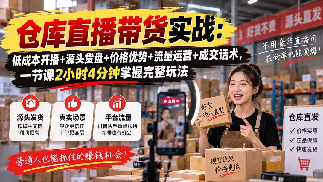 仓库直播带货实战：低成本开播+源头货盘+价格优势+流量运营+成交话术，一节课2小时4分钟掌握完整玩法-33资源网