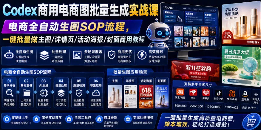 Codex商用电商图批量生成实战课｜电商全自动生图SOP流程，一键批量做主图/详情页/活动海报/封面商用教程-33资源网