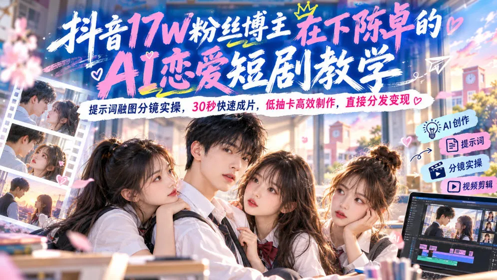 抖音17W粉丝博主在下陈卓的AI恋爱短剧教学,提示词融图分镜实操,30秒快速成片,低抽卡高效制作,直接分发变现-33资源网