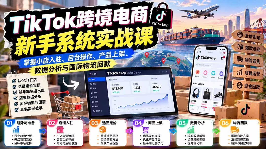 TikTok跨境电商新手系统实战课:掌握小店入驻、后台操作、产品上架、数据分析与国际物流回款-33资源网